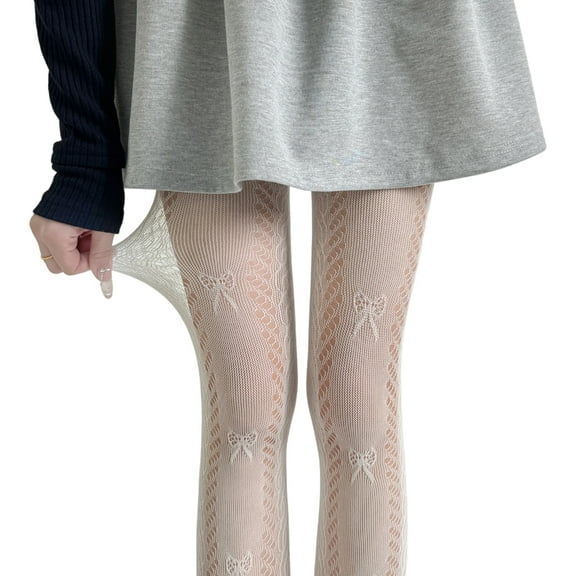 Huhudde Aesthetic Hollowed Leggings with Bowknot Patterned Aesthetic Vintage Sheer Mesh Lace Tights Pantyhose for Women