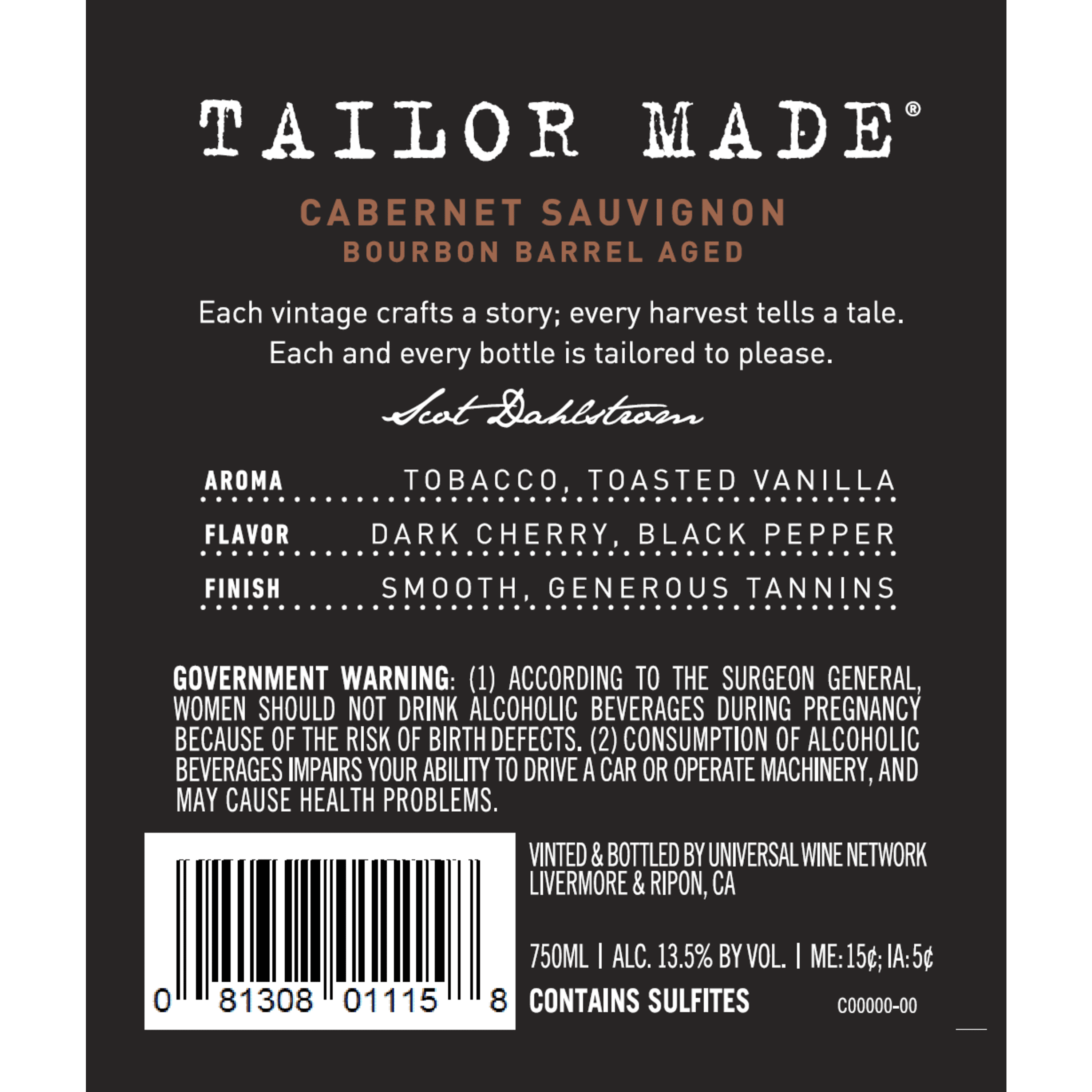 Tailor Made Bourbon Barrel Cabernet Sauvignon Red Wine - 750ml, 2018, California