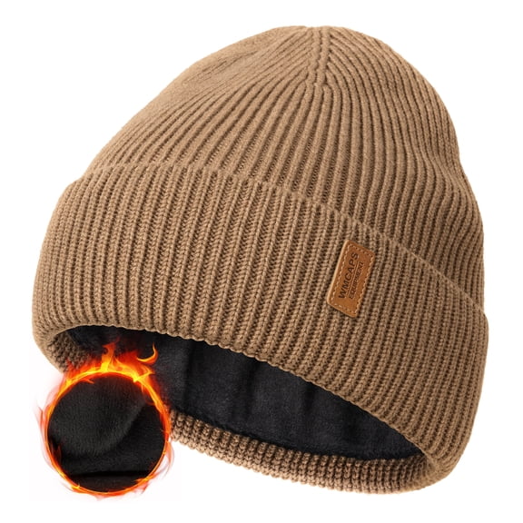 Wool Fleece Lined Beanie Winter Hats for Men Women, Warm Thermal Kint Cap for Outdoor(Brown)