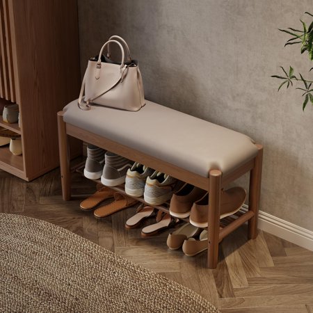 Shoe Bench Entryway with Cushion, Solid Wood Bench with Shoe Storage, 2-Tier Shoe Rack Bench for Entryway,Hallway (Gray)