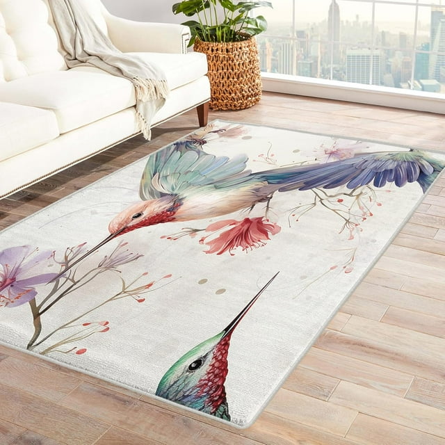 Humming Bird Area Rug 6x9, Birds Rugs for Living Room, Flowers Carpet, Soft Non Slip Machine Washable Fluffy Easy Clean, for Bedroom Dining Room Floor Home Decor Rug Km&-292