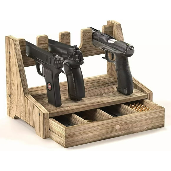 Wooden Handgun Storage Rack - Multi-Compartment Bullet & Magazine Organizer Display Stand