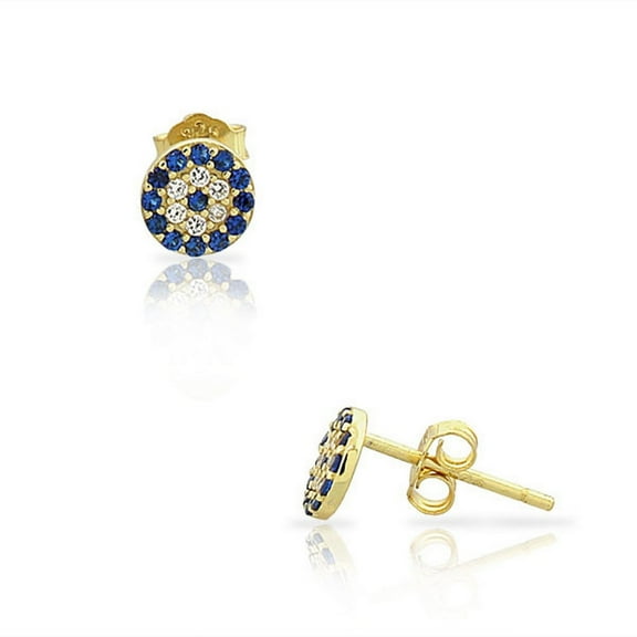 925 Sterling Silver Yellow Gold-Tone White Blue CZ Evil Eye Hamsa Small Womens Stud Earrings