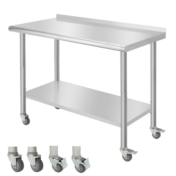 QinaQin Mesa de preparación y trabajo de acero inoxidable con salpicadera, repisa inferior ajustable y patas niveladoras, ideal para restaurante, hotel o casa