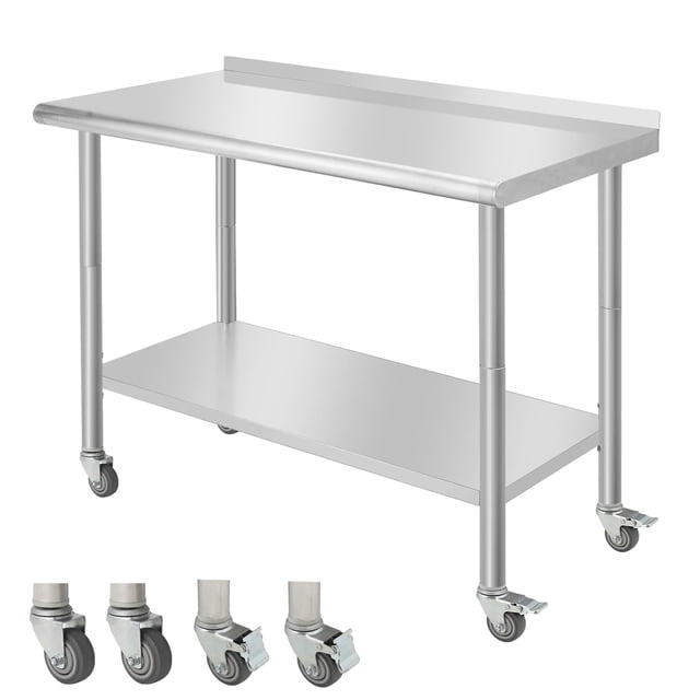 BeesClover Table en Acier Inoxydable pour Préparation et Travail avec Dosseret, Table de Cuisine Robuste avec Tablette et Pied Réglables pour Restaurant, Maison et Hôtel