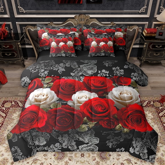 Homewish White Red Rose Twin Bedding Sets 7-Piece, Romantic Anniversary Flower Bedding Comforter Set, Bohemian Damask Print Reversible Sheet Sets, Lightweight Room Decor