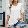 thumbnail image 2 of ZVNAΖH Women's Casual Summer V-Neck T-Shirts Puff Short Sleeve Tops Loose Fit Tunic Blouses Eyelet Embroidery Tee Shirts, 2 of 8