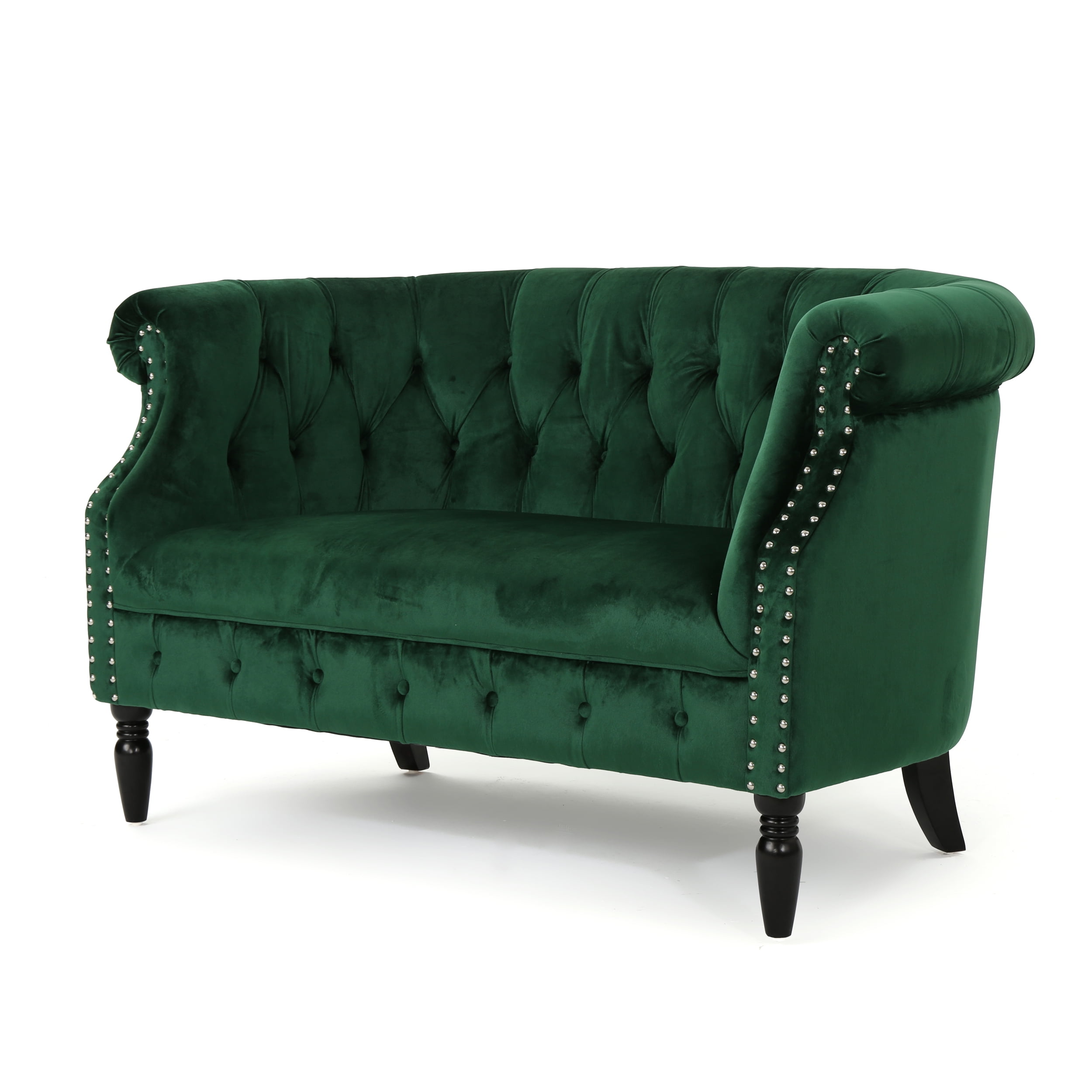 Noble House Myrna Button Tufted Velvet Loveseat, Emerald