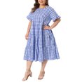 thumbnail image 4 of Agnes Orinda Women's Plus Size Easter Gingham Dresses Crew Neck Flared Short Sleeve Tiered Summer Casual Maxi A Line Dress with Pockets 2X Dark Blue, 4 of 5