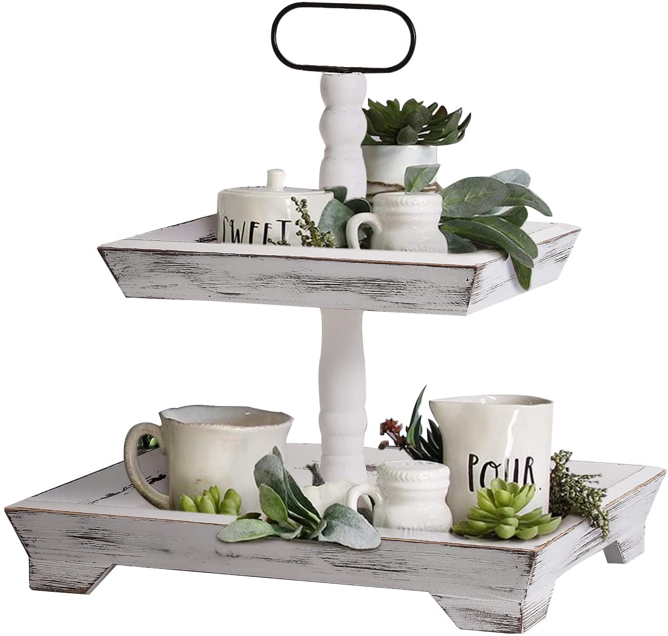 White Farmhouse Tiered Tray Stand Two Tier Tray Wood Tiered Tray