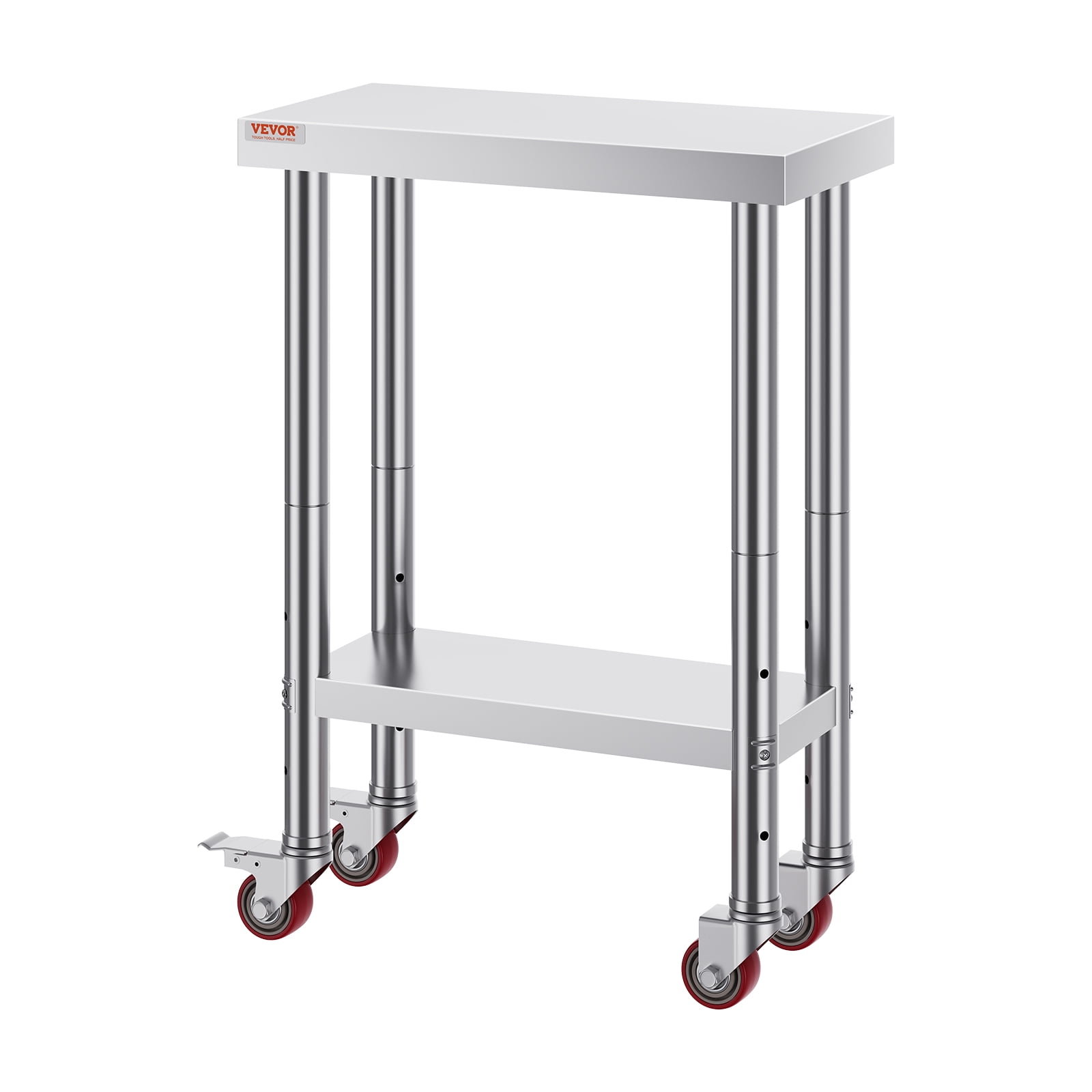 VEVOR Stainless Steel Work Table 12 x 24 x 34 Inch, 700 LBS Load Capacity with 4 Wheels, 3 Adjustable Height Levels, Heavy Duty Food Prep Worktable for Commercial Kitchen Restaurant, Silver