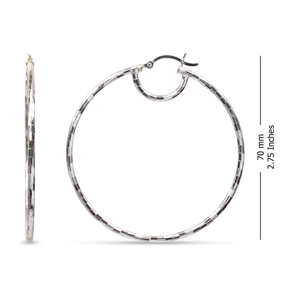 LeCalla 925 Sterling Silver Hypoallergenic Light-Weight Italian Diamond-Cut Click Top Large Hoop Earrings for Women and Teen 70MM