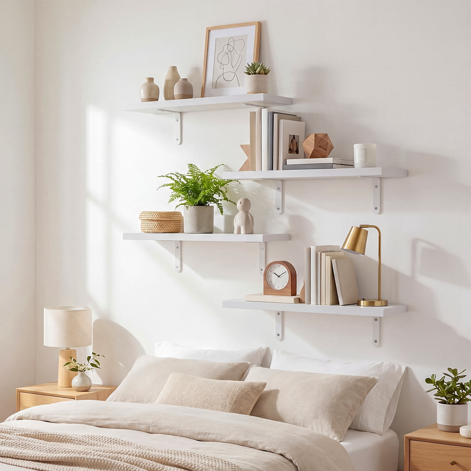 Fairy Floating Wall Shelves Set of 4, White Wood Shelves for Bedroom Bathroom Wall Storage
