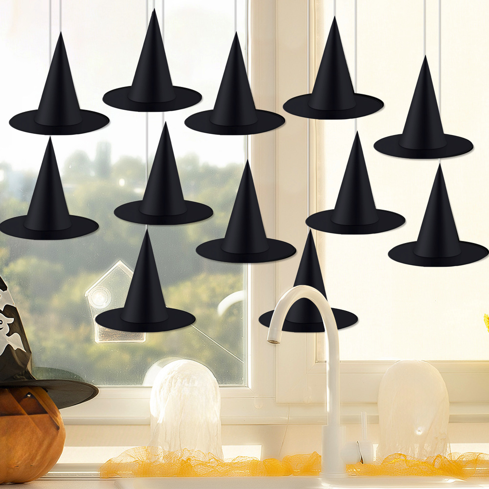 Lot De 12 Chapeaux De Sorcière Halloween Avec Corde - Décoration Flottante Pour Maison, Jardin, Maison Hantée