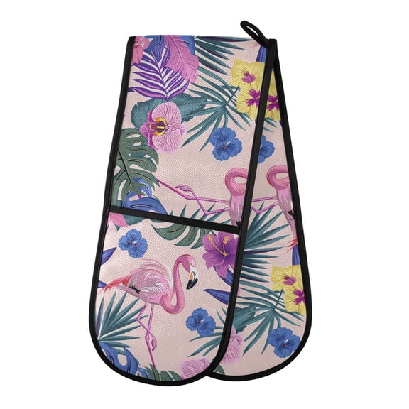 Dailycode Double Sided Oven Mitt with Loop Heat Resistant Kitchen Long Potholders 7" x 35" Flamingo with Flowers