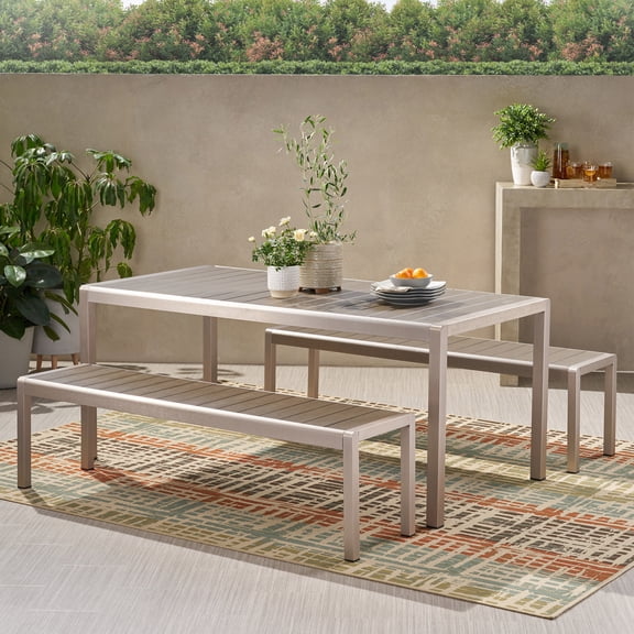 GDF Studio Cherie Outdoor Modern Aluminum Picnic Dining Set with Dining Benches, Gray and Silver