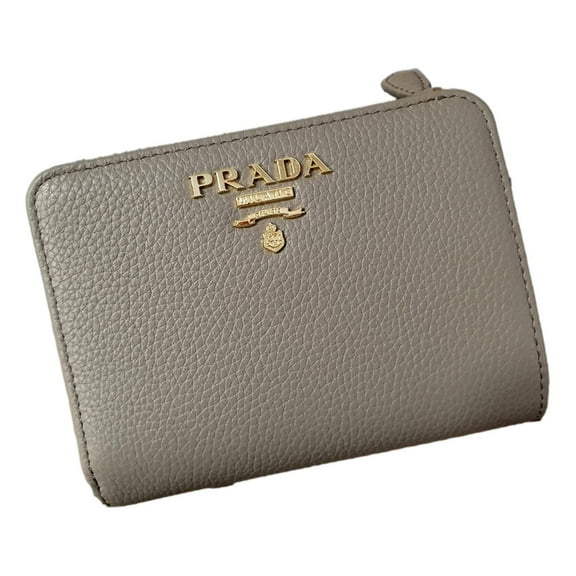 Prada Vitello Grain Argilla Grey Leather Small Wallet with Zipper Gold Plaque Logo