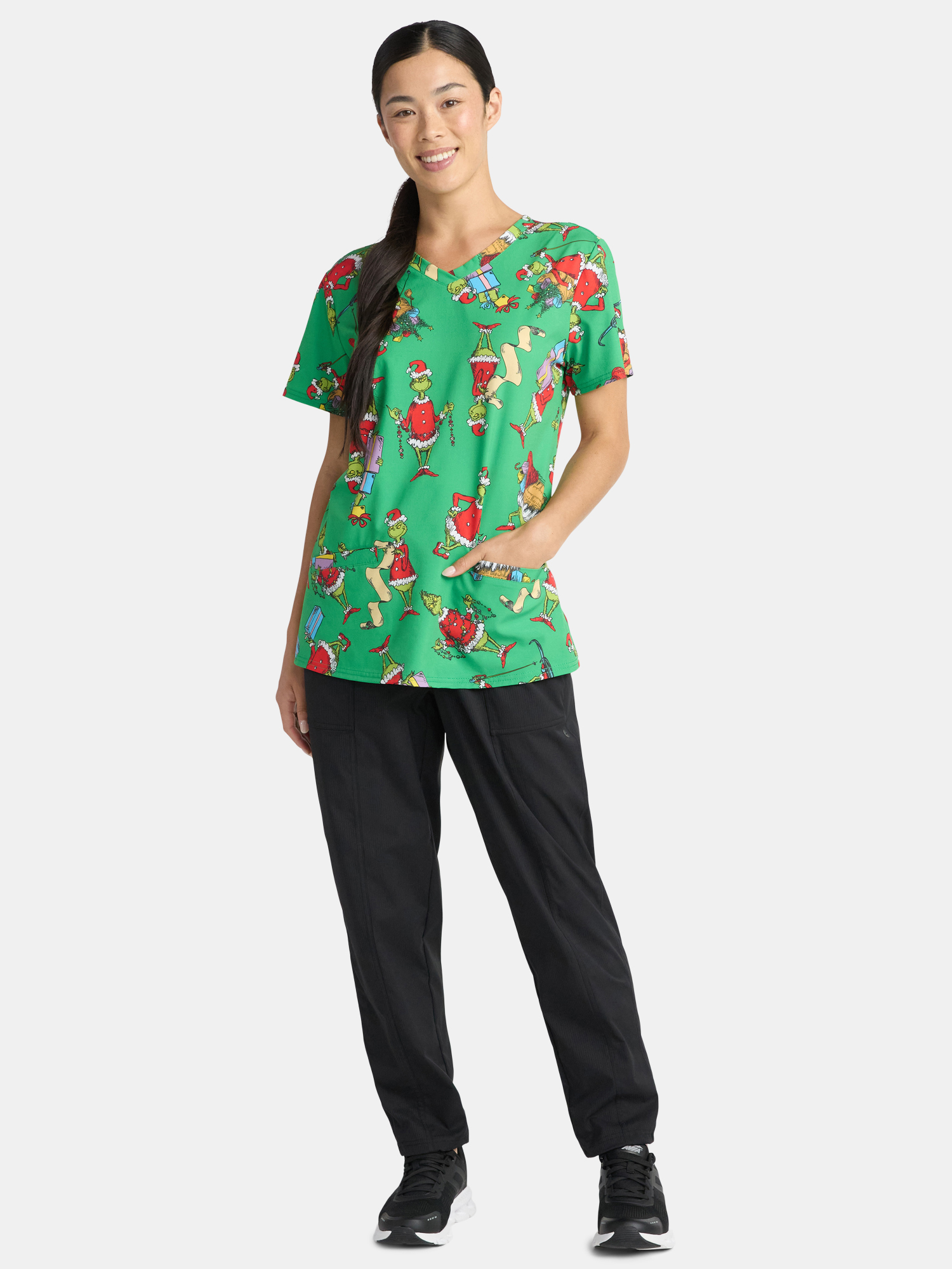 Dr. Seuss Women's Holiday Scrub Top with Short Sleeves, Sizes S-3XL