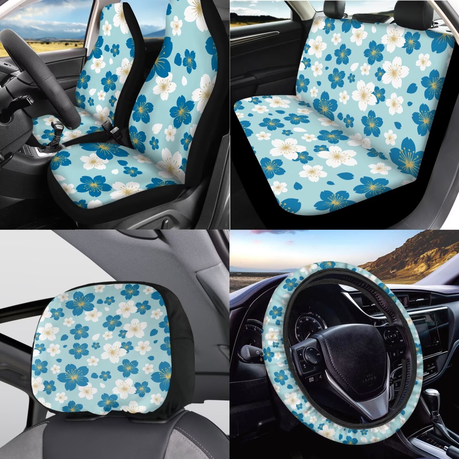 Garronmavis Blue Cute Flower Car Seat Covers Full Set, Breathable Air Polyester Car Seat Cover, Steering Wheel Cover Gear Shift Cover Handbrake Cover Headrest Cover Cup Coasters Universal Fit