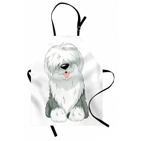 

English Sheepdog Apron Illustration of Domestic and Fluffy Sitting Animal on Plain Background Unisex Kitchen Bib with Adjustable Neck for Cooking Gardening Adult Size Off White Grey by Ambesonne