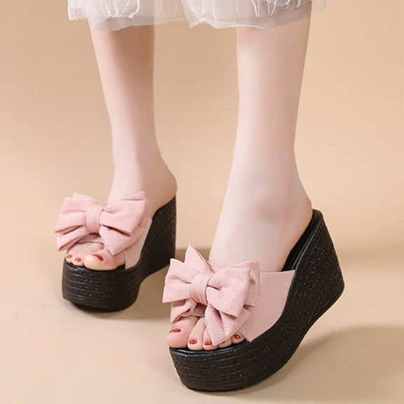 AXXD Pink Sandals for Women Summer Matsu Heel Thick Sole Slope Heel Shoes Breathable Slip-on Beach Sandals