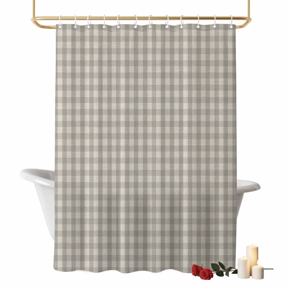 Beige Plaid Bathroom Shower Curtains with Hooks, Country Vintage Farmhouse Minimalist Checkered Gingham Waterproof Fabric Washable Shower Curtain for Home Hotel Bathtub Decor 72x78 Inch