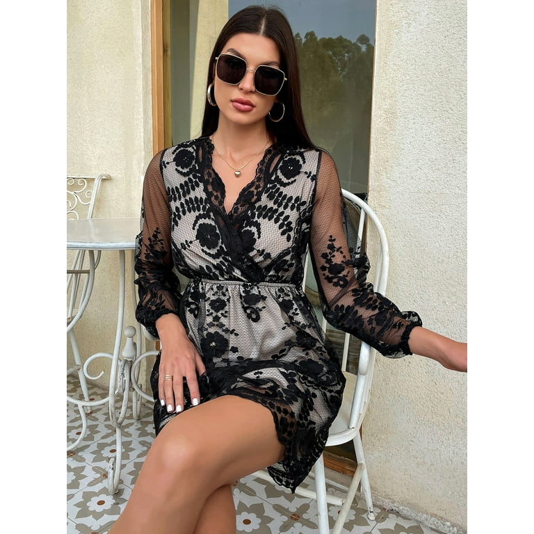 chinese dress ladies Elegant Black Lace Long Sleeves Sheath Evening Dress SF038() Black / 4