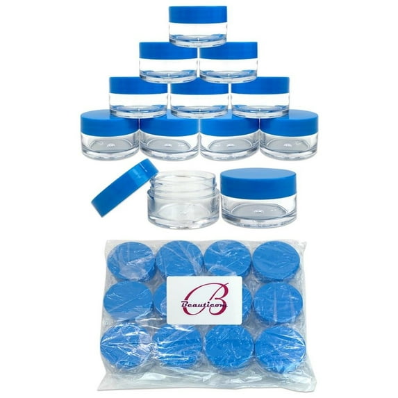 Beauticom 12 Pieces High Quality 20 Gram 20 ml (0.7 oz) Clear Round Acrylic Cosmetic Product Sample Travel Jars with Blue Lids