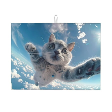 

Dish Drying Mat Skydiving Cat Fisheye View Absorbent Microfiber Kitchen Mat Heat Resistant Drying Mat Kitchen Counter for Dishes Utensils Pots Pans Drainer Mats 18x24in