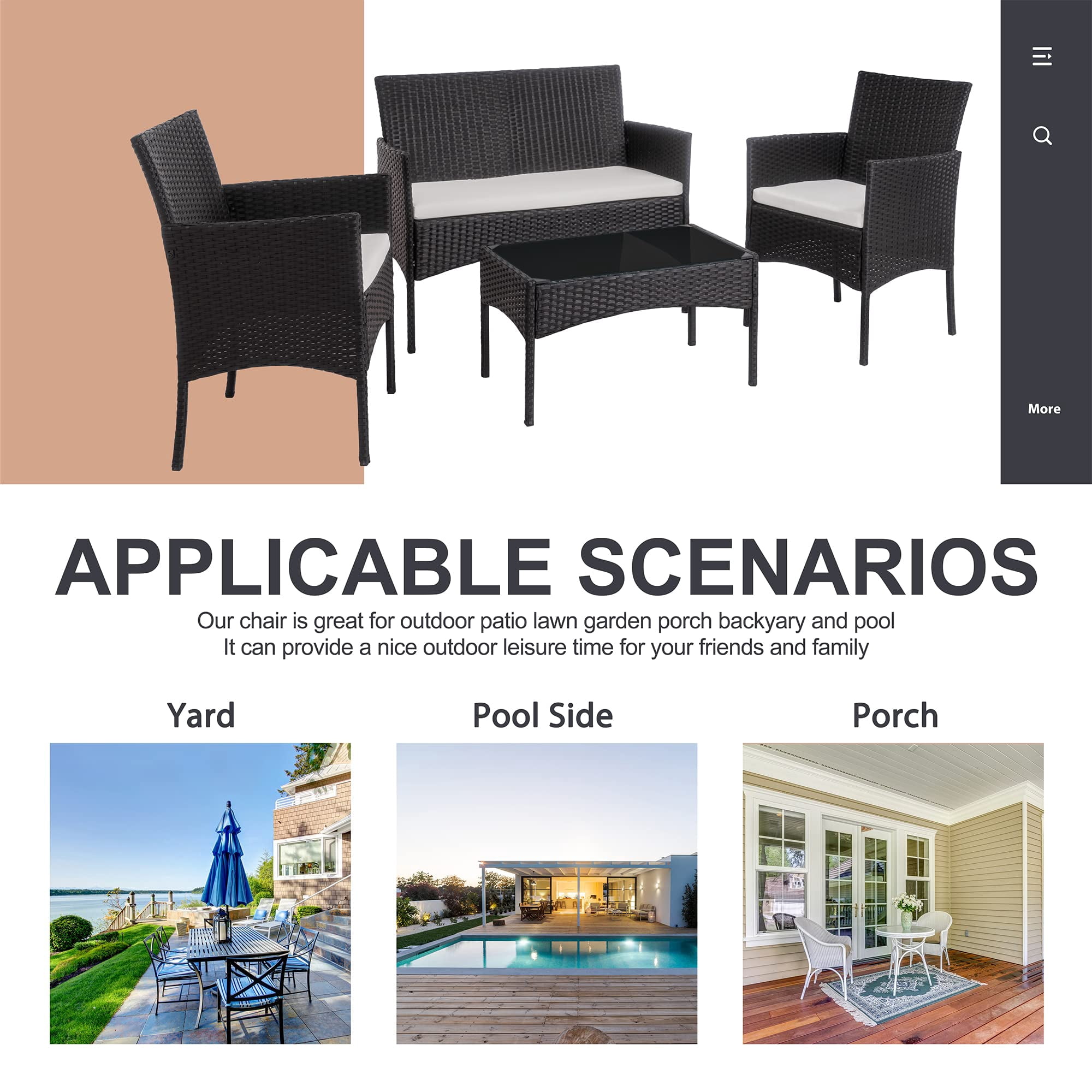 YIORTWO 4-Piece Outdoor Patio Furniture Set, Wicker Sofa Set with Thick Cushions, All-Weather Rattan Deep Seating Set with Tempered Glass Table, Black