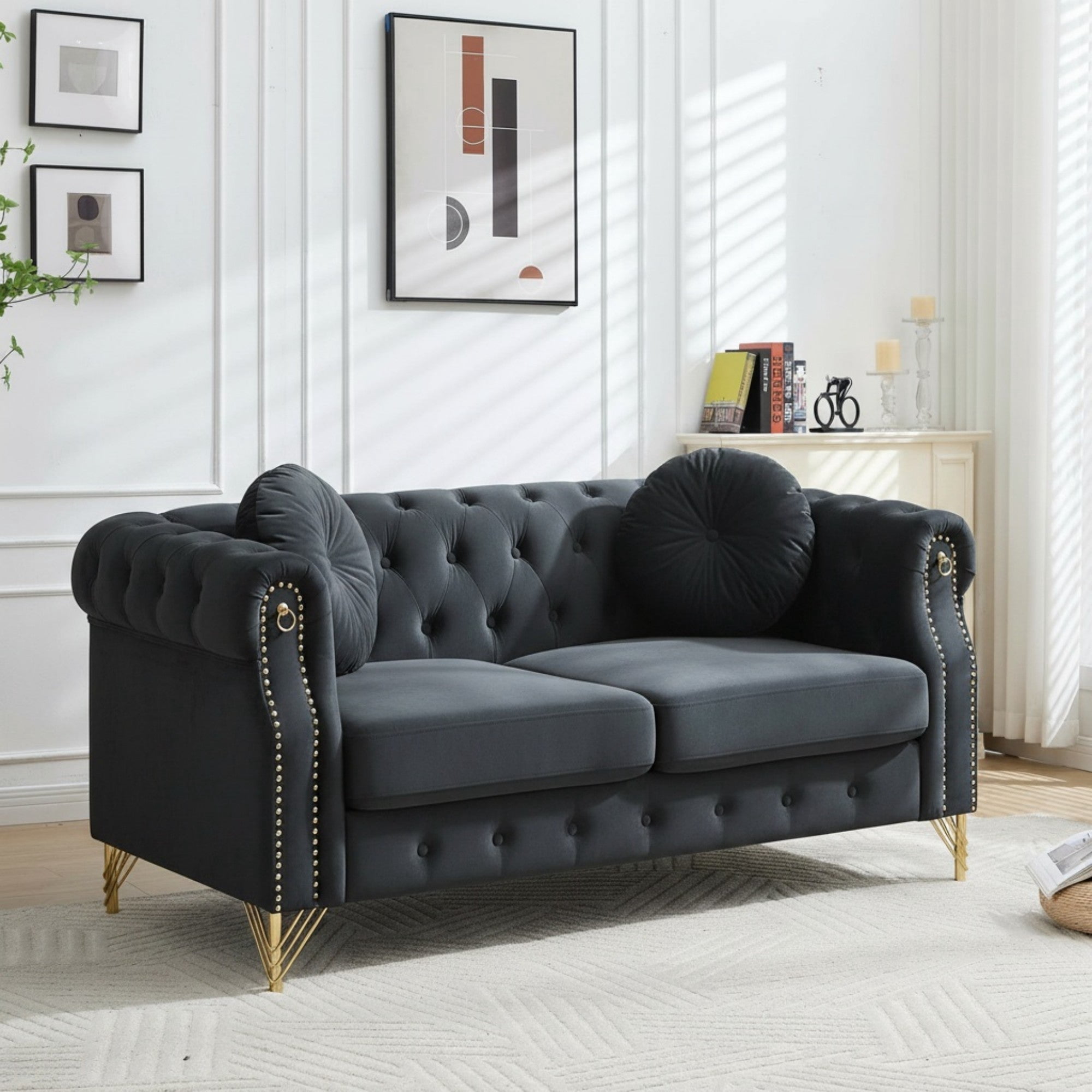 Sailvan 60.5" Velvet Chesterfield Loveseat, 2-Seater Tufted Sofa with Nailhead Trim, Gold Metal Legs & 2 Round Pillows for Living Room Black