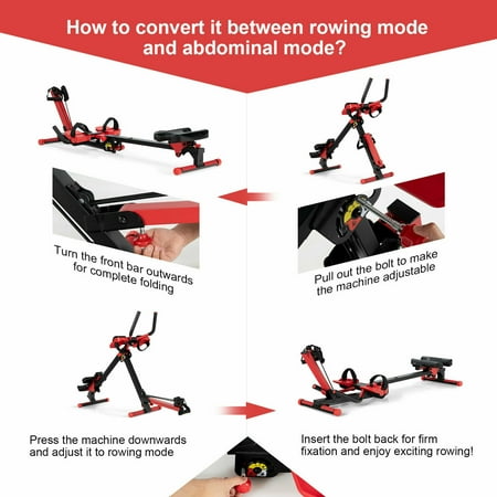 Costway - 4 in 1 Folding Rowing Machine AB Crunch Workout Machine with Control Panel Home Gym - Black/Red