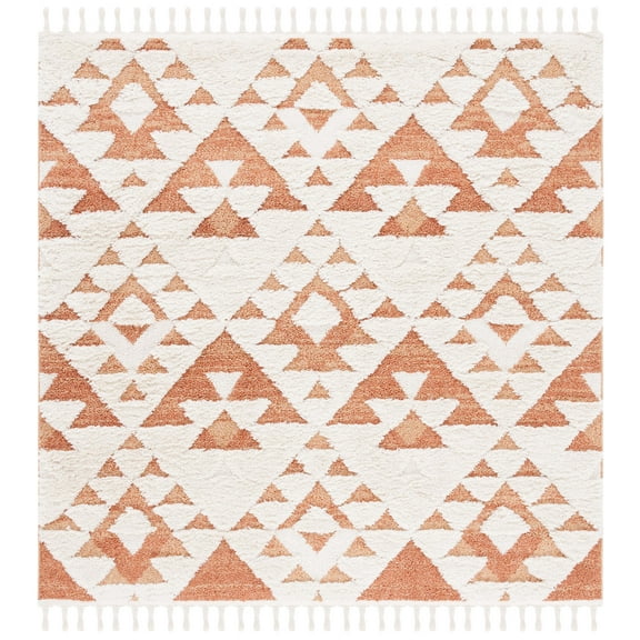 SAFAVIEH Moroccan Tassel Larry Geometric Shag Area Rug, Ivory/Brick Rust, 3' x 3' Square