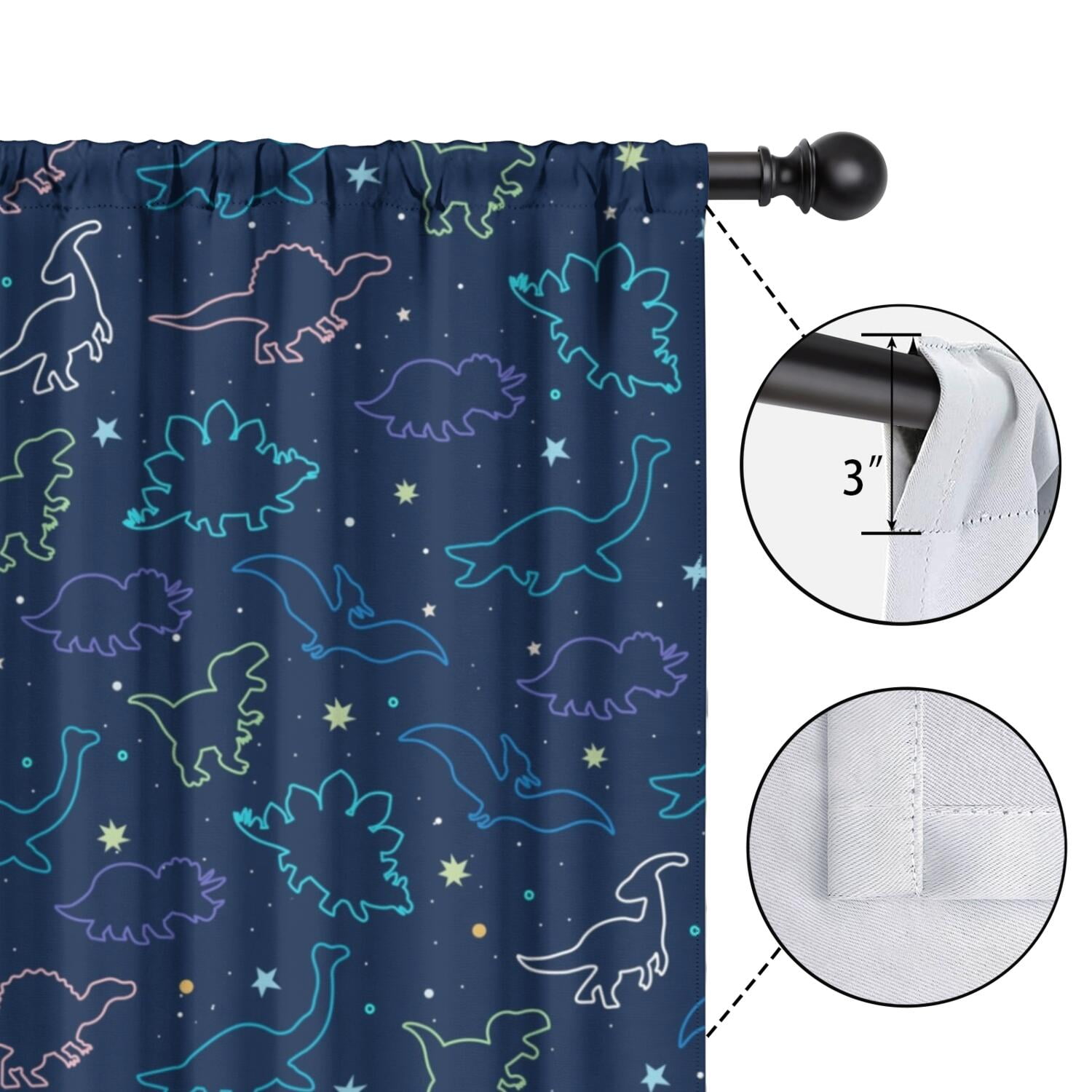 Funny Window Curtains for Kids Room - 42Wx63H Inch 2 Panels, Rod Pocket Colorful Cartoon Dinosaur Patterns for Boys Bedroom Decor Preschool Classroom Curtains Playroom Living Room Window Drapes