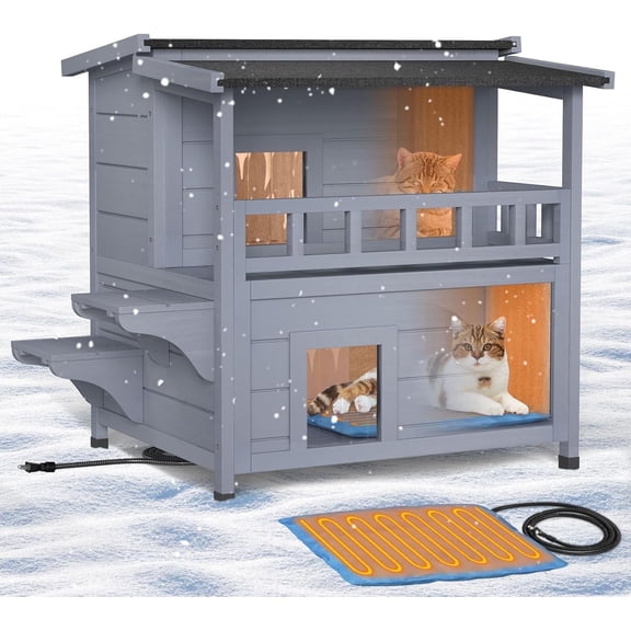 PNKKODW Heated Cat House for Outside,Insulated Kitty House with Heated Pad Escape Door for Winter,Wooden Weatherproof Stray Feral Shelter for Multiple Cats,Double Storey Gray