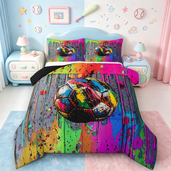 jejeloiu Boy Football Game Bedding Comforter Set,Soceer Sports Theme Twin Comforter Sets,Rainbow Splashing Ink Bedding Set For Girls Boys,Breathable Home Decor Reversible,2-Piece