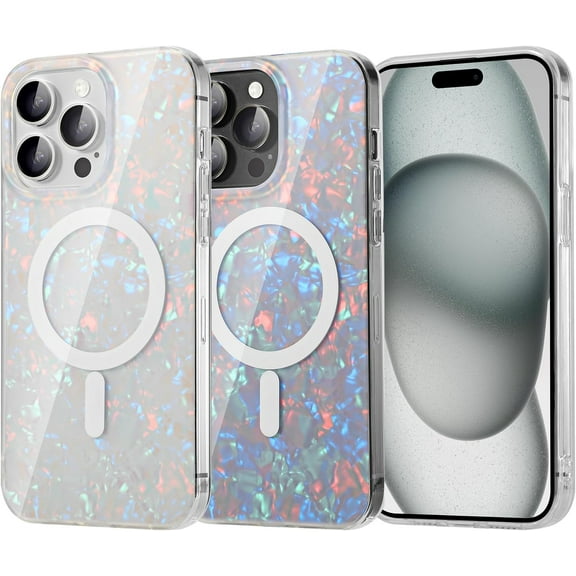 Magnetic Case for iPhone 15 Pro Max Case [Beyond Magsafe] Slim Protective Phone Case Luxury Bling Pearl Design Hard Translucent Cover Shockproof Bumper (Pearl)