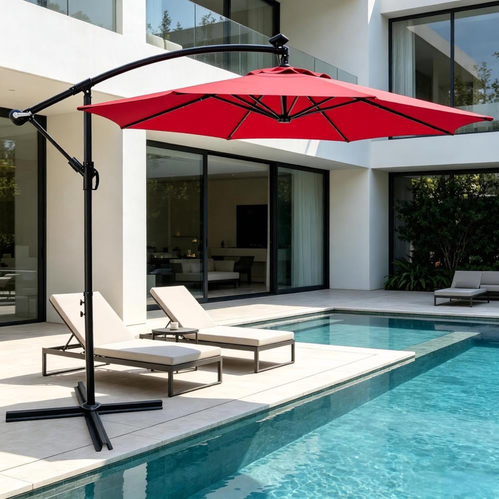 Howcool 10 ft Outdoor Patio Umbrella Solar Powered LED Lighted Sun Shade Market Waterproof 8 Ribs Umbrella with Crank and Cross Base for Garden Deck Backyard Pool Shade Outside Deck Swimming Pool