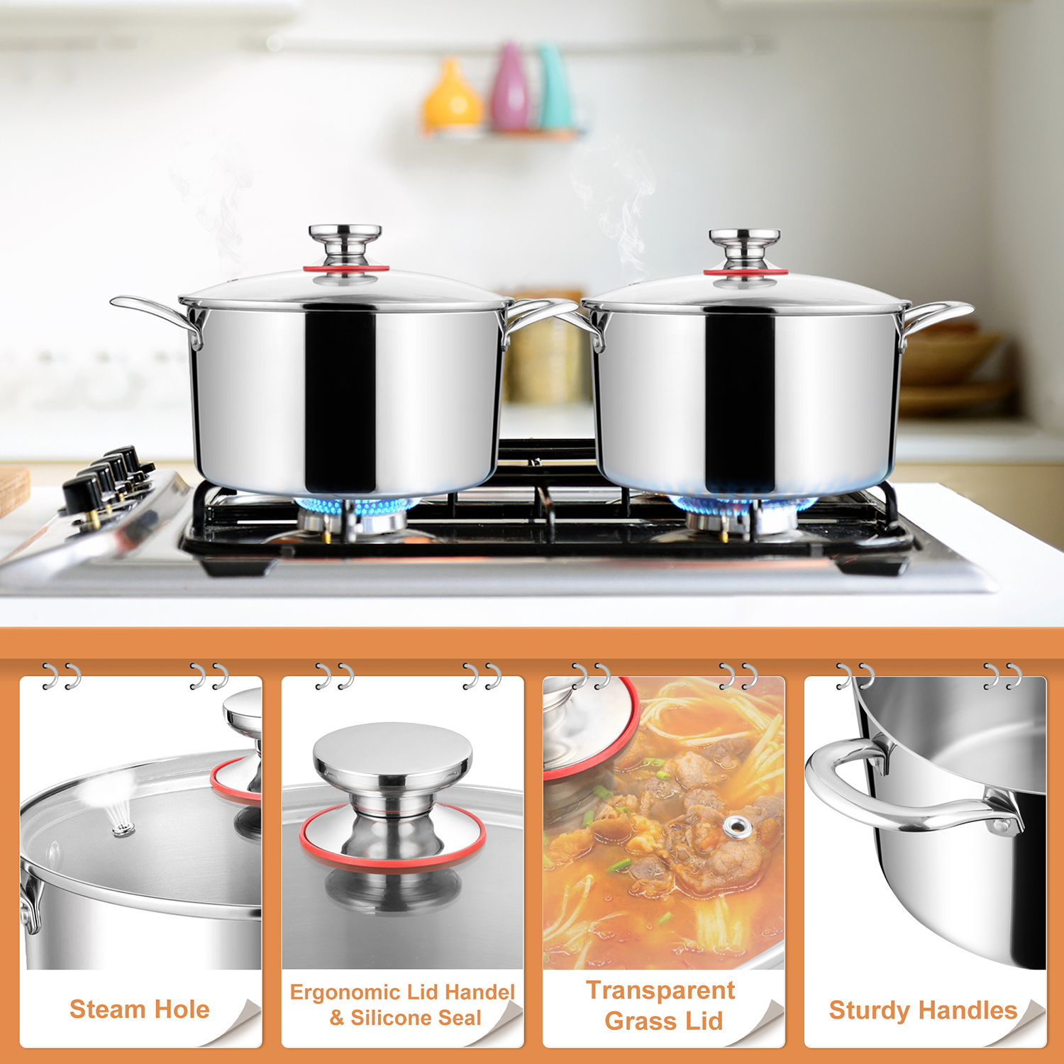 Coliware 8-Quart Stainless Steel Stock Pot with Glass Lid photo 2