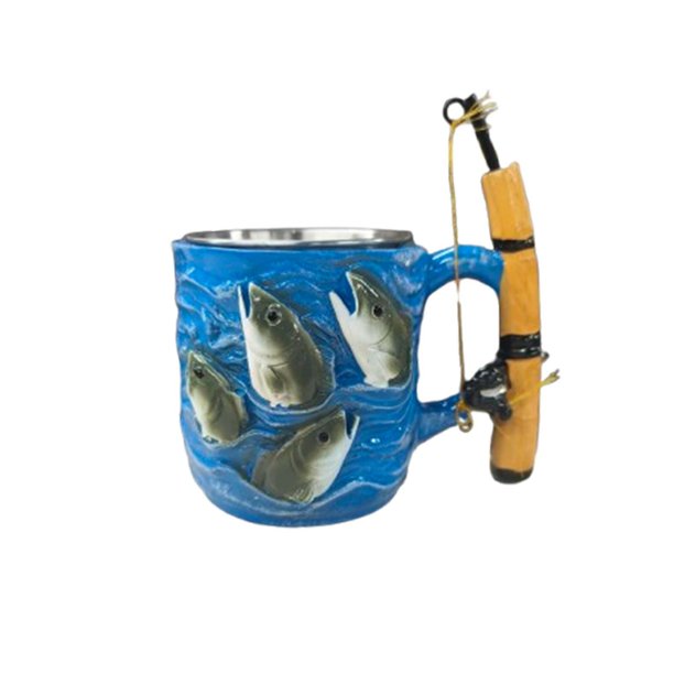 Taza de Cerámica con Temática de Pesca y Mango de Caña de Pescar En Miniatura | Taza de Café Única para Pescadores y Amantes de La Naturaleza (Azul)