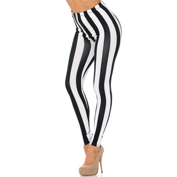 Buttery Soft Black and White Wide Stripe Leggings (One Size Regular,Black)