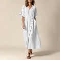 thumbnail image 2 of Bxsruta Women's Wrap V Neck Midi Dress Button Front Short Sleeve Loose Fit Casual Faux Linen Summer Dress Breathable Lightweight Versatile Everyday Flattering, 2 of 8