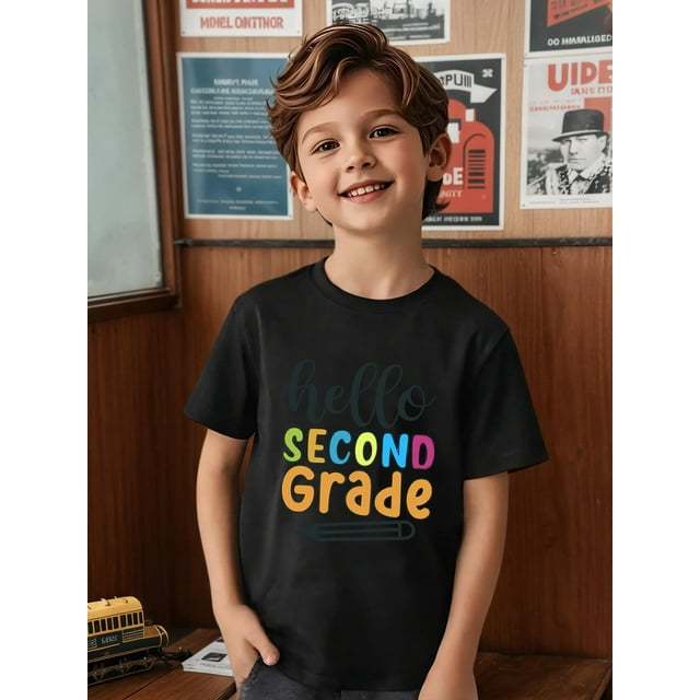 Boys' Casual Round Neck T-Shirt with "Hello Second Grade" Print - Bright Red, Short Sleeve, Stretchy Fabric, Perfect for Spring/Summer, Kids' Clothing, Playful Graphic Tee, Comfortable Fit