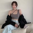 thumbnail image 4 of Fortune Women Navel Tops Plain Ribbed One Shoulder Crop Top, 4 of 10