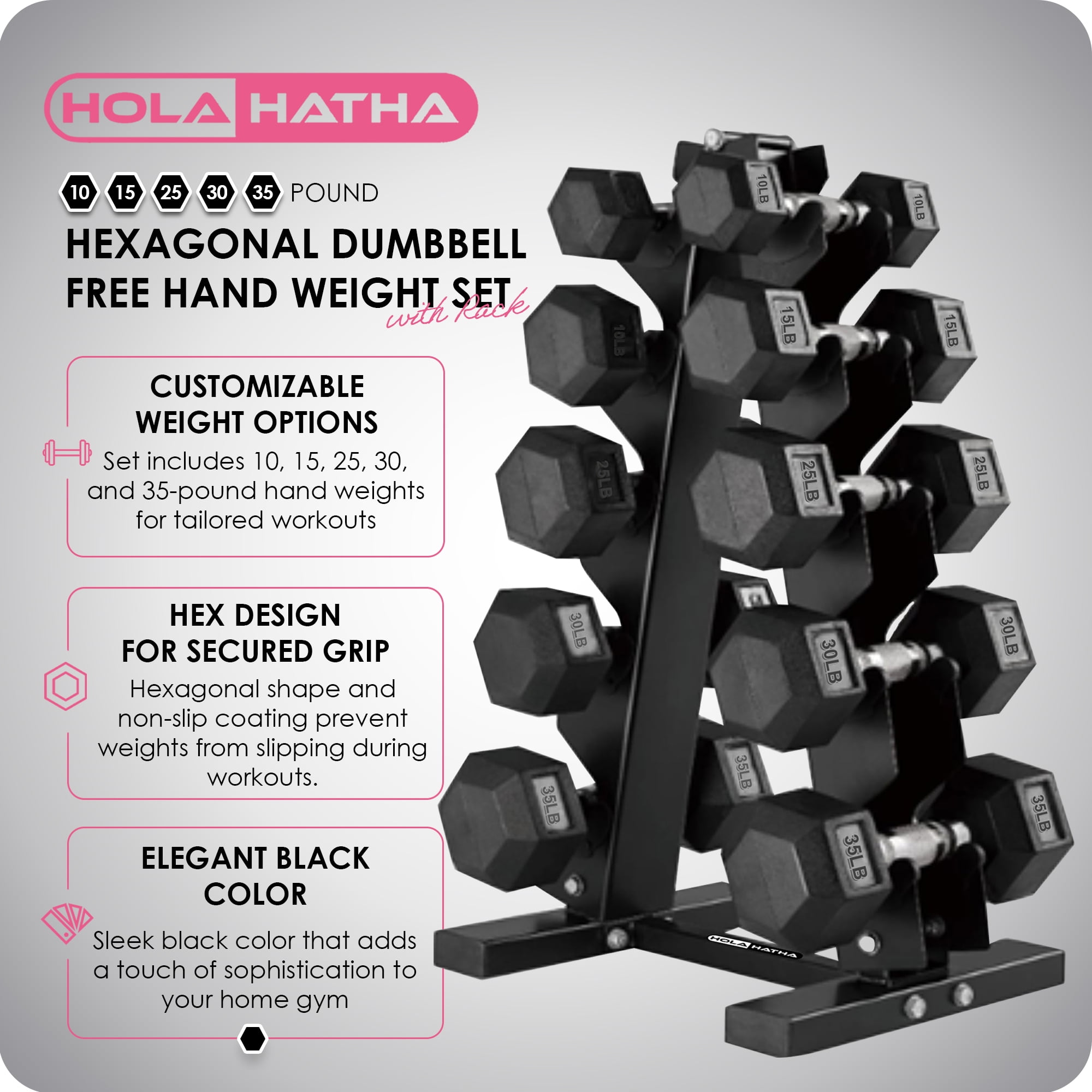 HolaHatha 10, 15, 25, 30, & 35 Pound Hexagonal Dumbbell Weight Set w/Rack