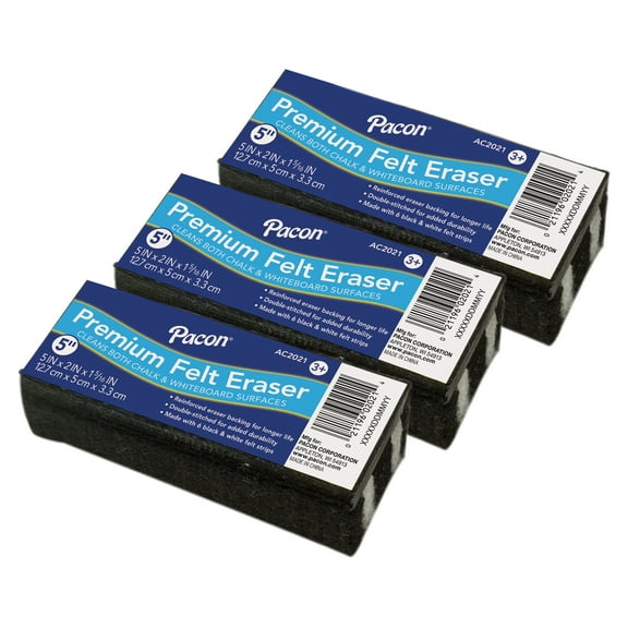 Pacon Premium Chalk & Whiteboard Eraser, 6 Black & White Felt Strips, Double-Stitched, Reinforced Backing, 5", Pack of 3