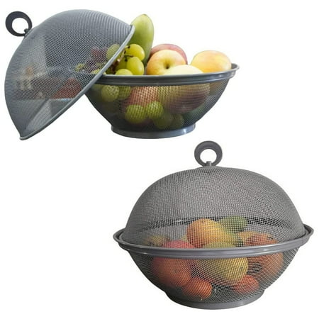 

Washranp Kitchen Round Shaped Fruit Basket Large Capacity Food Grade Stainless Steel Wire Mesh Strainer Fruits Vegetables Holder with Lid Keeps Flies Out Kitchen Supplies