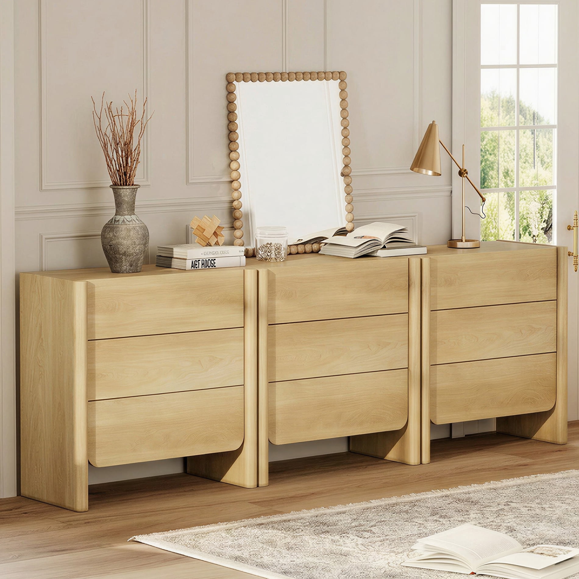 Modern French TV Stand, 94.5-Inch 3-Piece Media Console with 9 Push-to-Open Drawers, Supports TVs up to 105 Inches, Oak