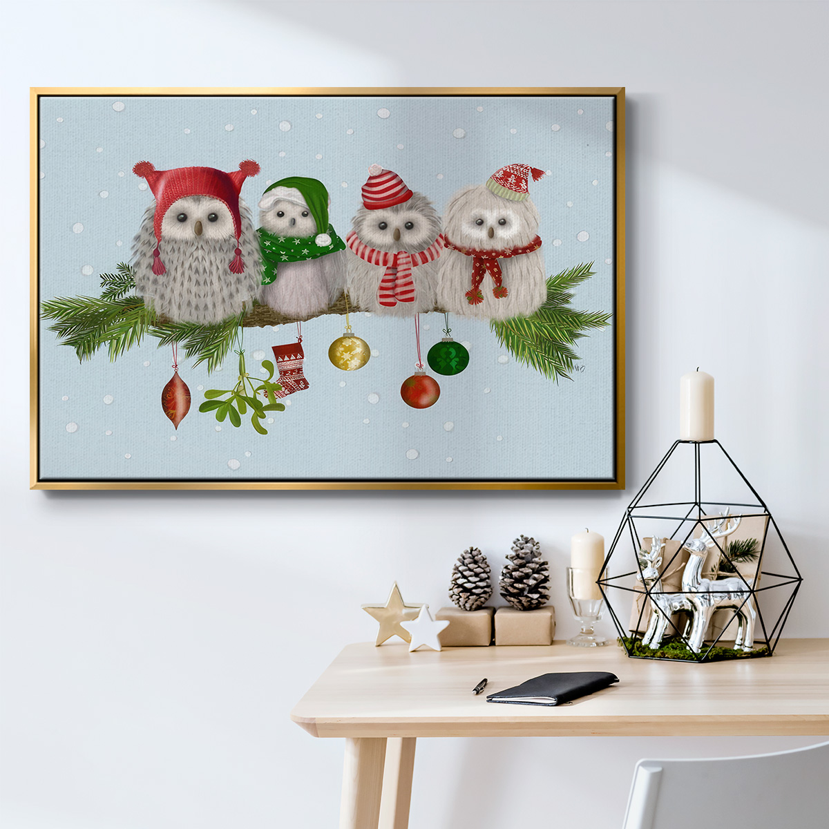 Christmas Fluffy Christmas Owls on Branch - Framed Gallery Wrapped Holiday Canvas - 27 x 41 - Gold Frame