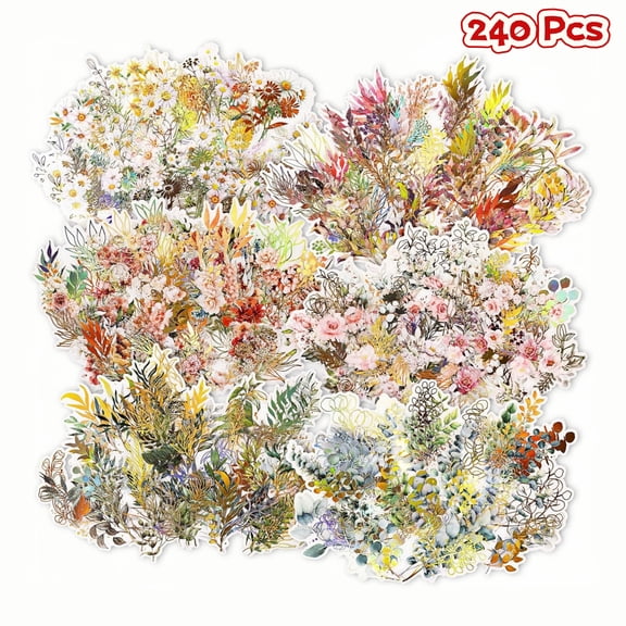 WuPing Retro Floral Stickers, Holographic Clear Background for Scrapbooking Journals DIY, 240 Pcs